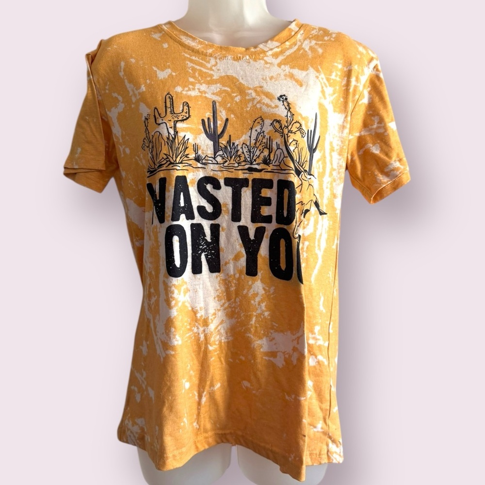Wasted On You Orange Bleach Tie Dye Graphic Tee Short Sleeve Size S